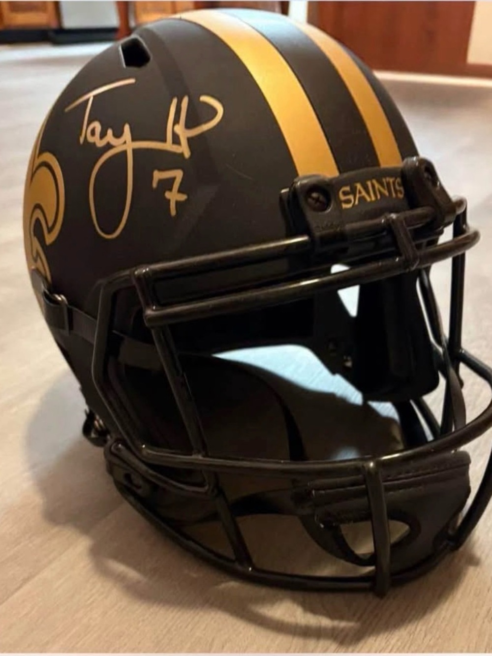 New Orleans Saints Matte Black & Gold Football Helmet - Autographed